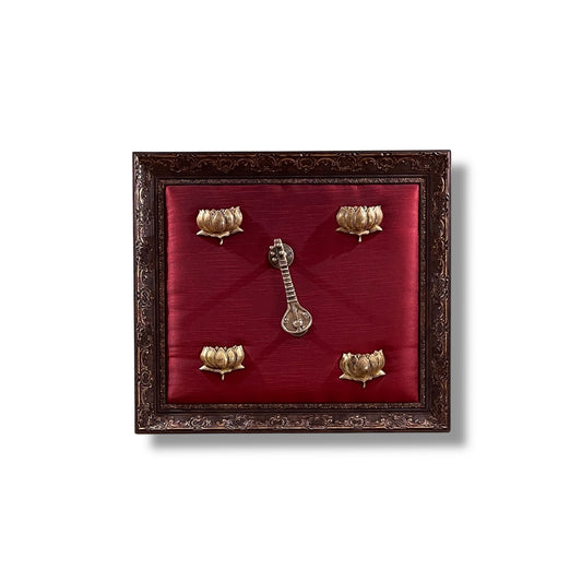 Brass Veena with 4 Lotus on Red Silk Backdrop in Moulded Frame