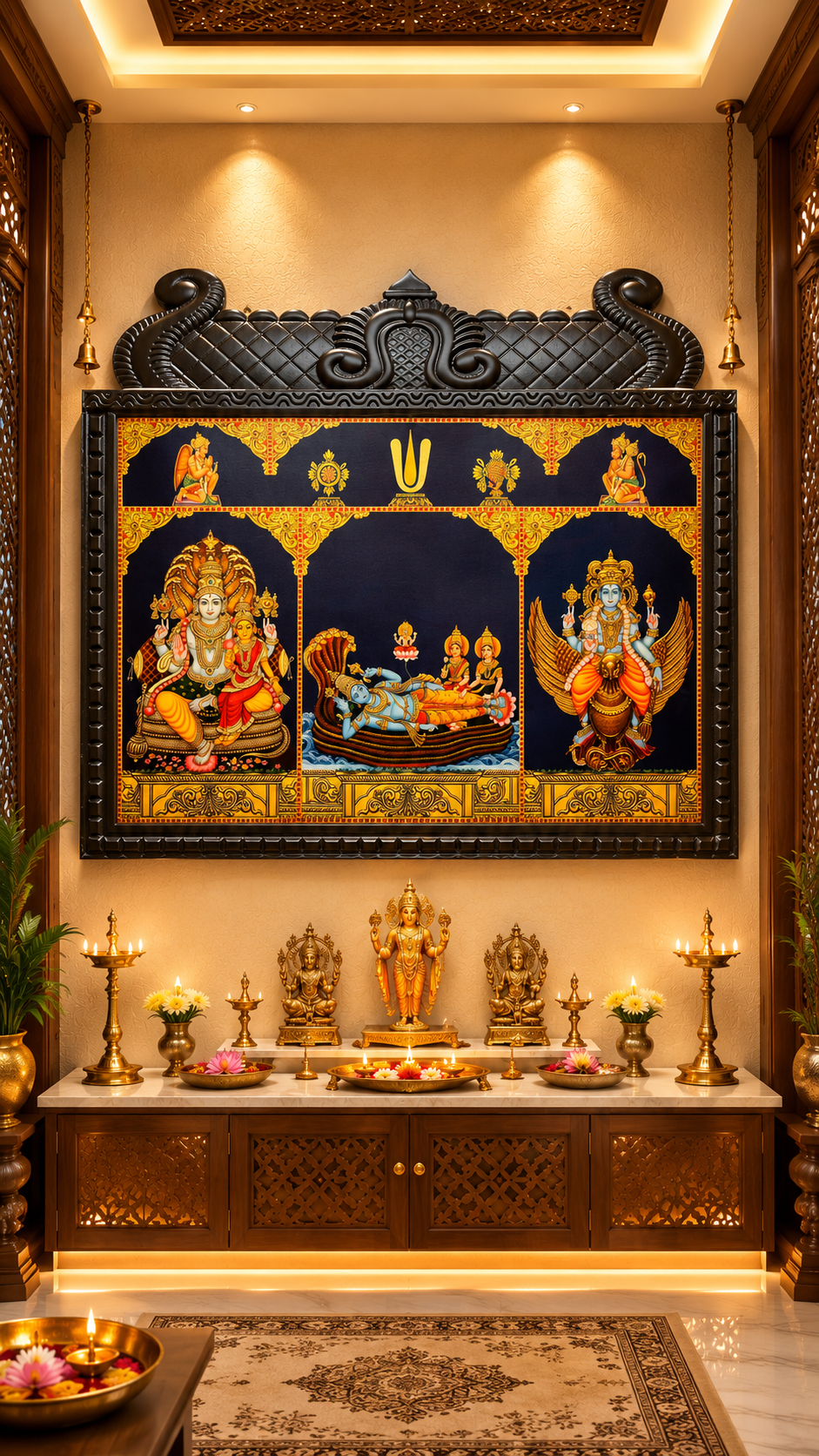Sri Vishnu Vaibhavam – Gold Leaf Art of Vishnu & Lakshmi, Ranganathar with Sridevi & Bhudevi, and Garuda in a Temple-Engineered Wooden Frame