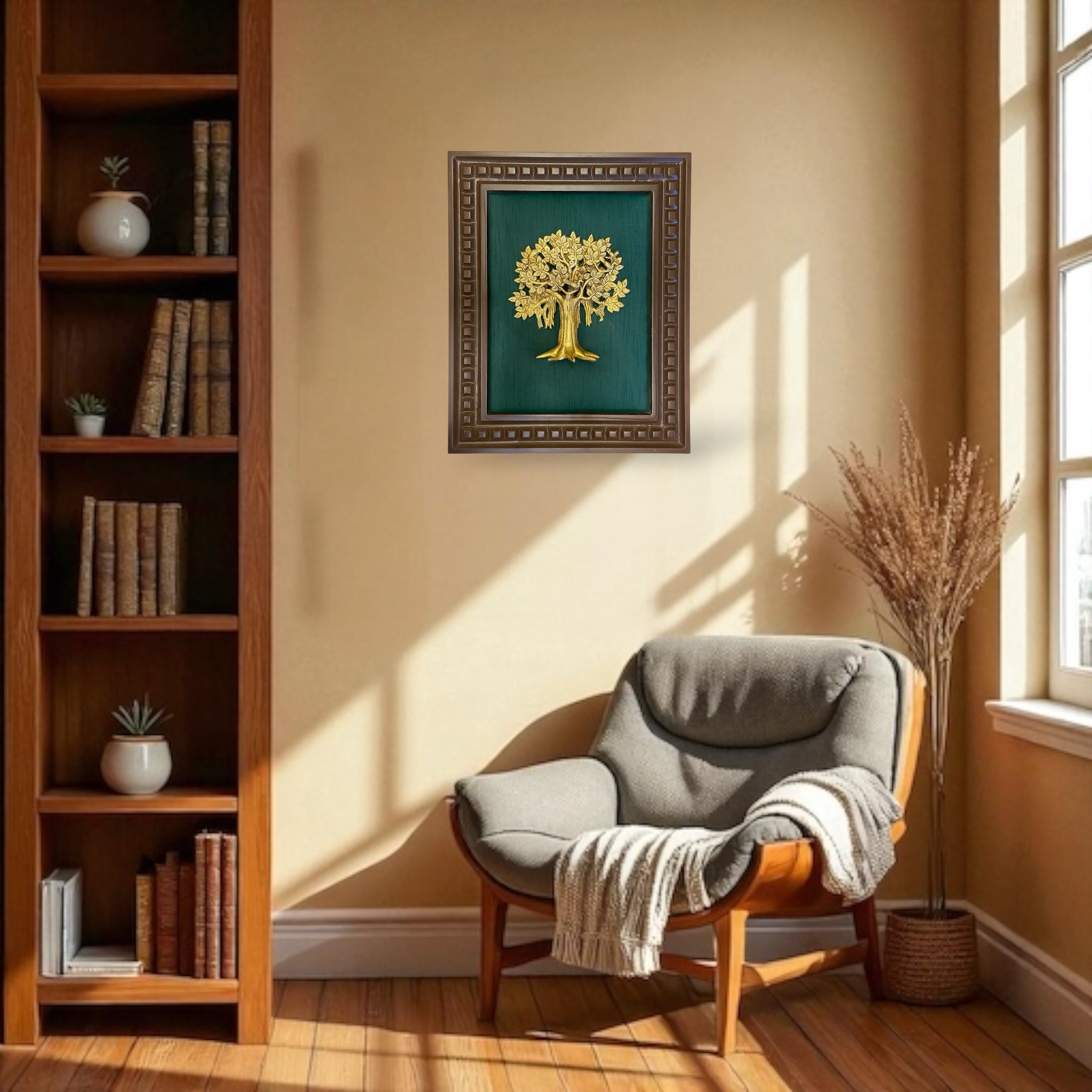 Brass Kalpavriksha Tree on Green Silk in Wooden Frame