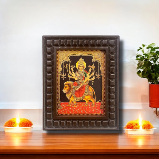 Durga Devi Gold Leafed Art With Wooden Frame