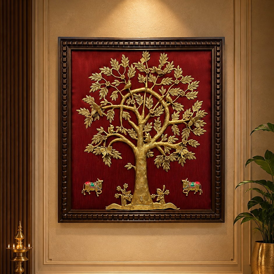 Kalpavriksha Brass Wall Art with Pair Kamadhenu's | Luxury Home Décor by Estudio