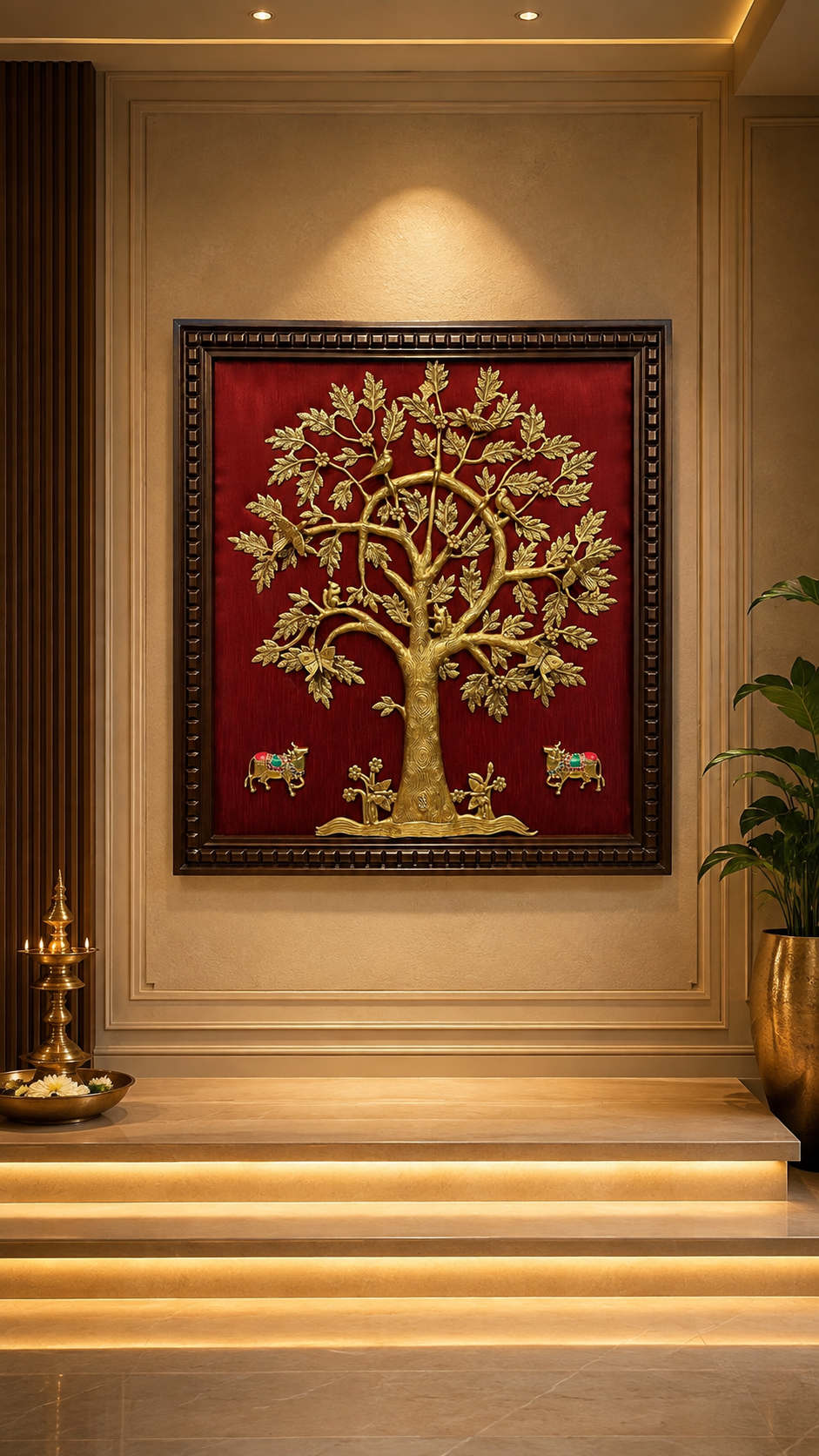 Kalpavriksha Brass Wall Art with Pair Kamadhenu's | Luxury Home Décor by Estudio