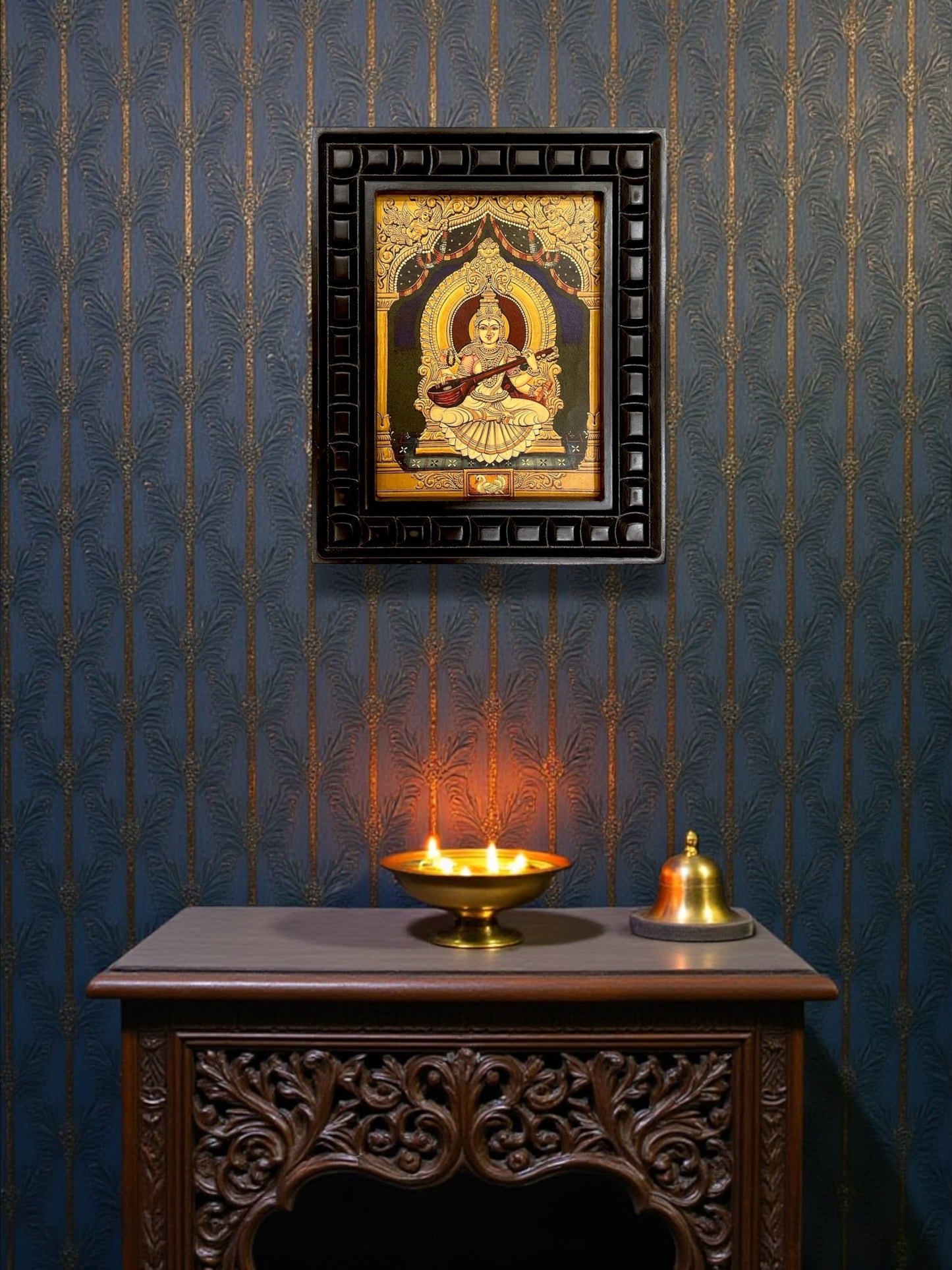 Goddess Saraswati Gold Leafed Art With Wooden Frame