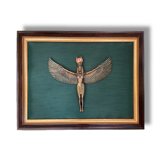Egyptian Goddess Isis on Dark Green Silk with Moulded Frame