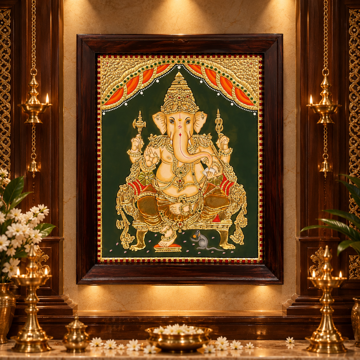 Ganesha Tanjore Painting | Traditional Gold Leaf Art with Premium Rosewood Frame