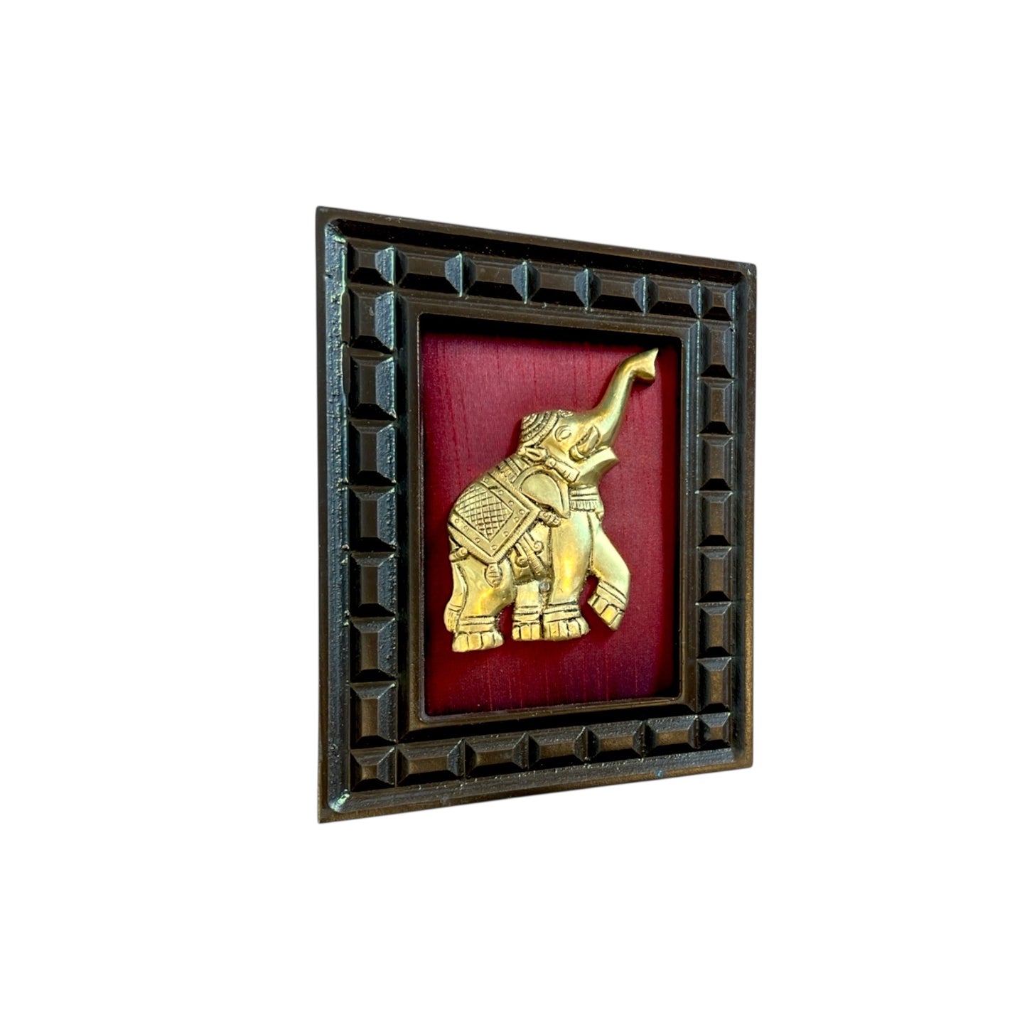 Brass Elephant on wine Red Silk in Wooden Frame