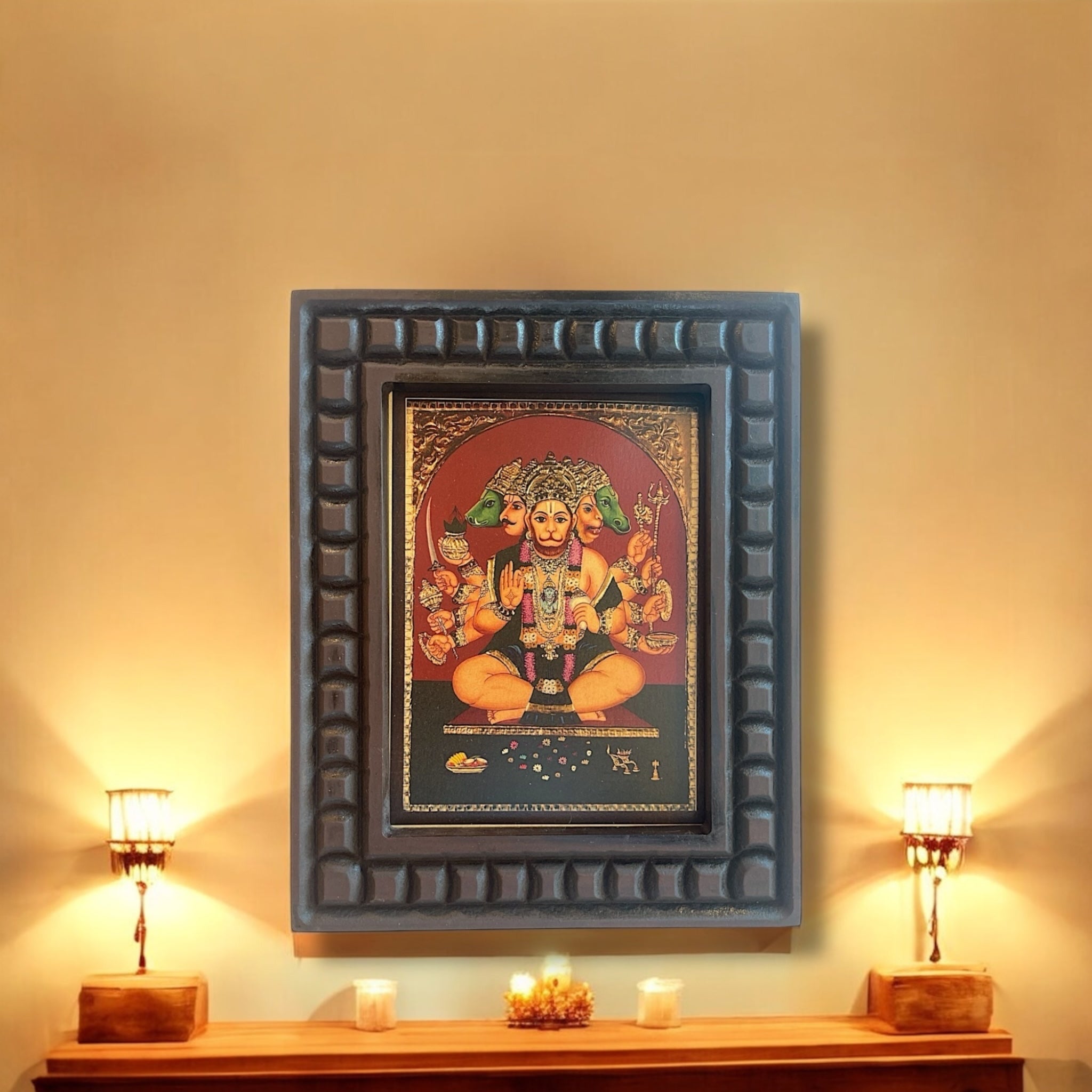 Gold Leafed Art Panchmukhi Hanuman With Wooden Frame