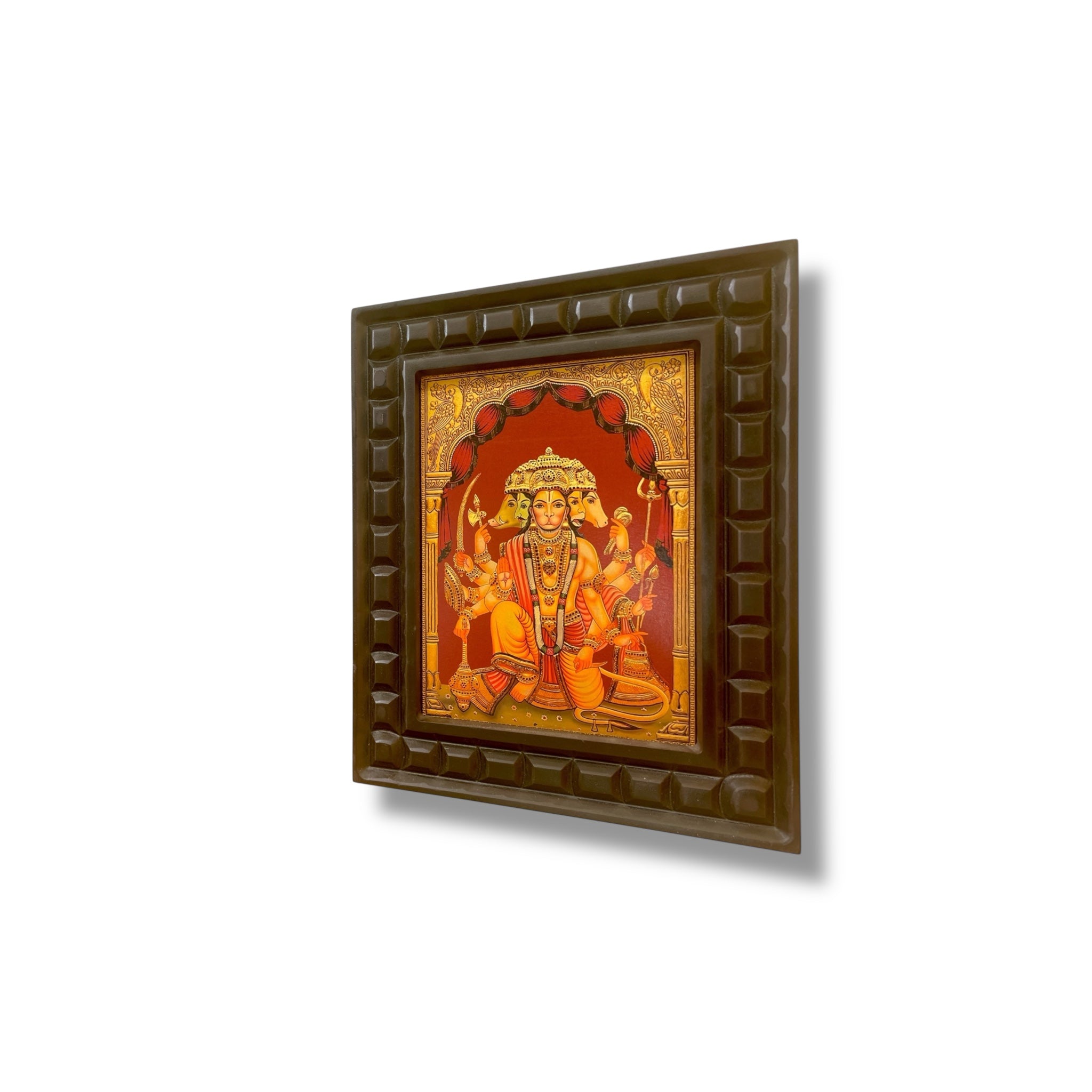 Gold Leafed Art Panchmukhi Hanuman - 2 With Wooden Frame