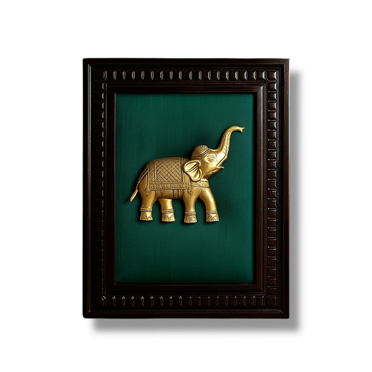 Brass Elephant With Rama Green Silk in Wooden Frame