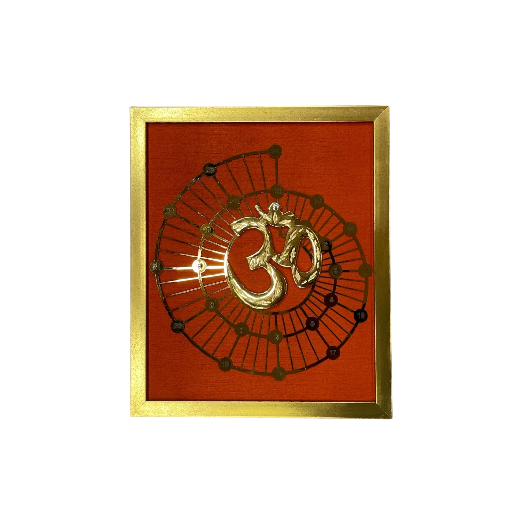 Brass Om & Fibonacci with Red silk in gold frame