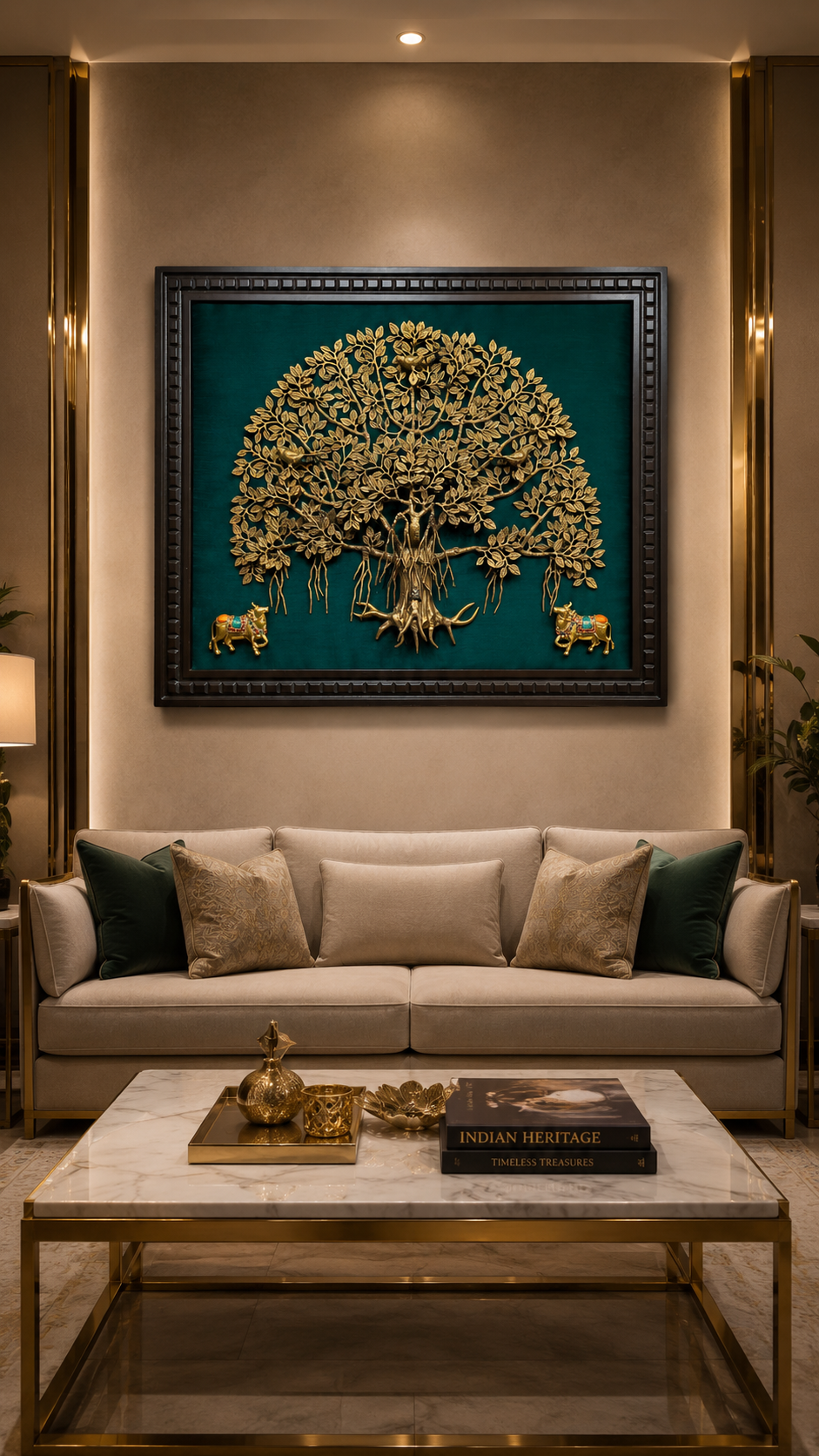 Brass Kalpavriksha with Kamadhenu | Luxury Wall Art with Engineered Wood Frame