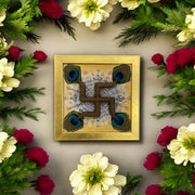 Wooden Swastik with Peacock Feathers on Omkara in Gold Frame