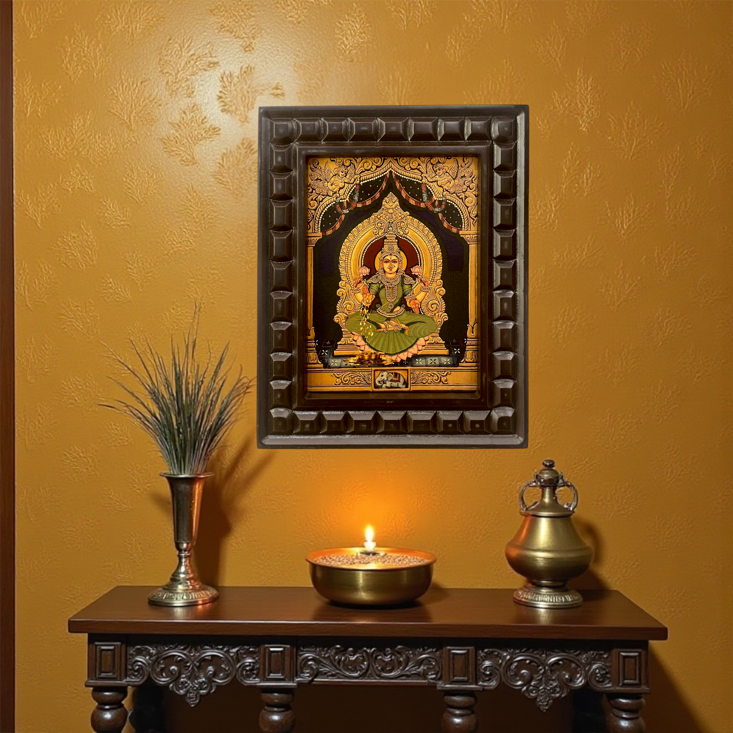 Shree Lakshmi-2 (Green Saree) Gold Leafed Art within Wooden frame