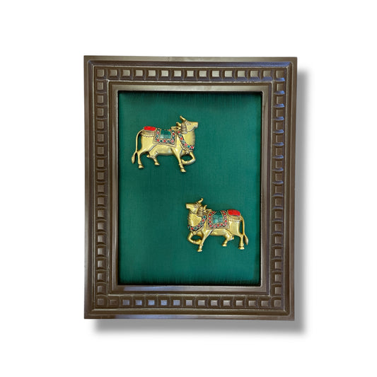 Brass Kamadhenu with stonework & Green Silk in Wooden frame