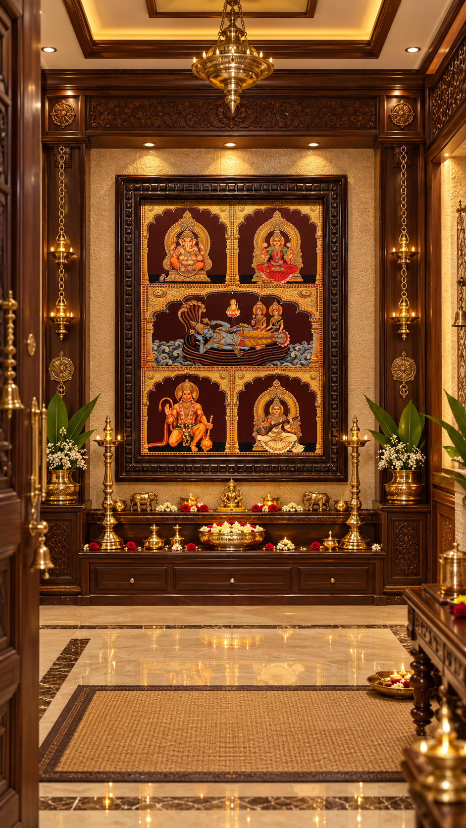 5 God In One Frame Gold Leaf Art | Luxury Pooja Room Wall Art