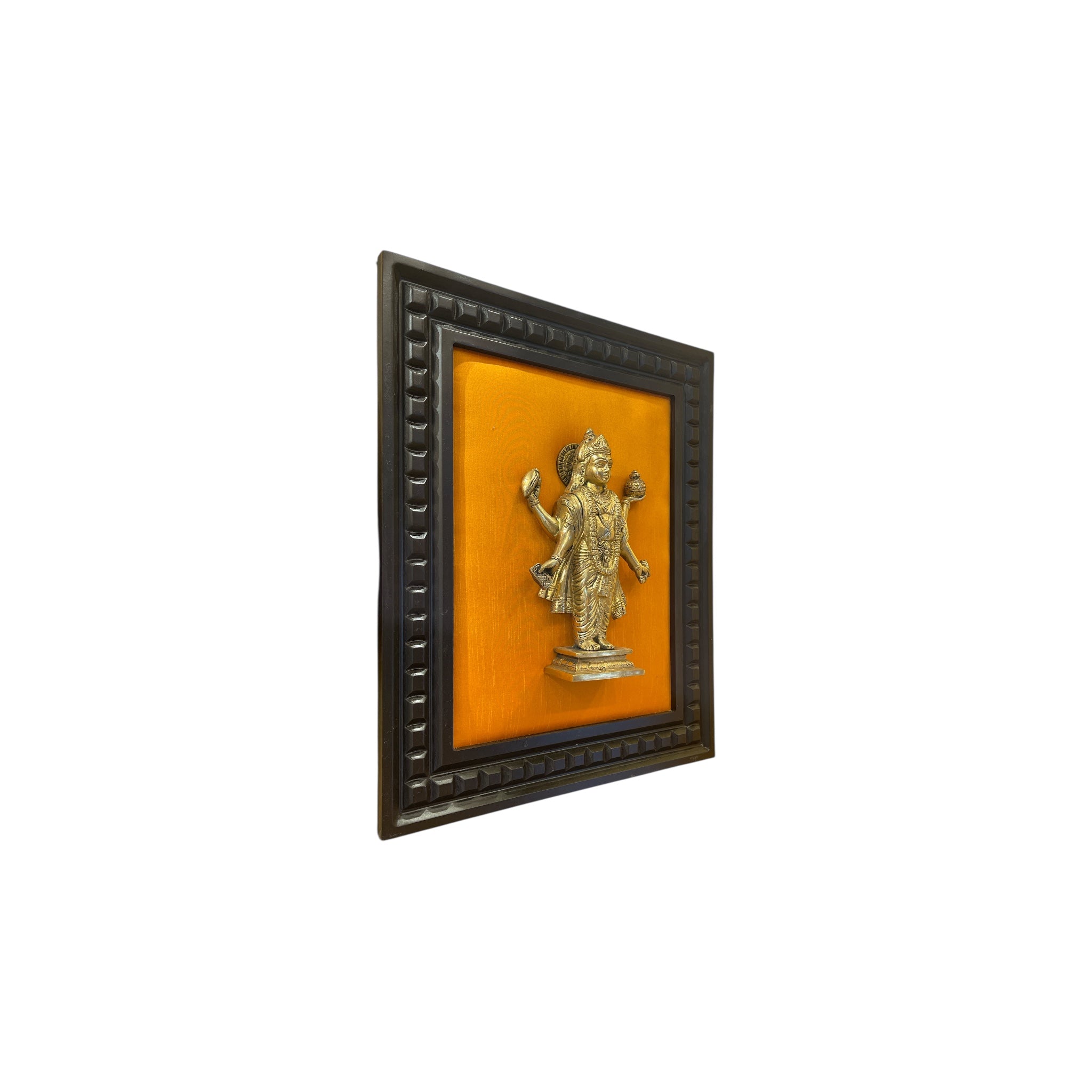 Brass Dhanvanthri on Golden Silk in Wooden Frame