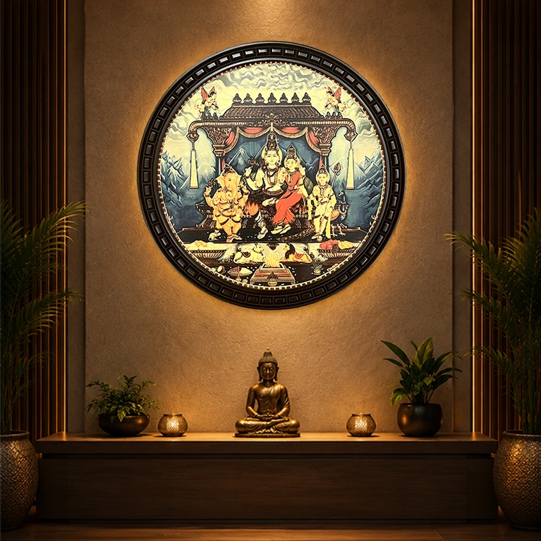 Shiva Parivar - Gold Leaf Wall Art Frame | Lord Shiva Family Decor