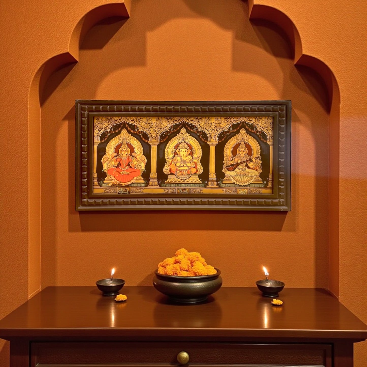 Ganesha Lakshmi Saraswati -2 Gold foiled art within Wooden Frame