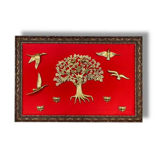 Brass Kalpavriksha with Birds & Lotus on Red Silk in Moulded Frame