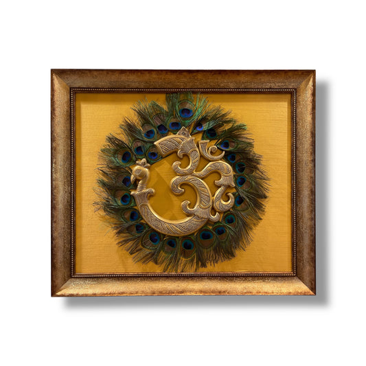 Brass Om with Peacock Feathers on Golden Silk in Moulded Frame