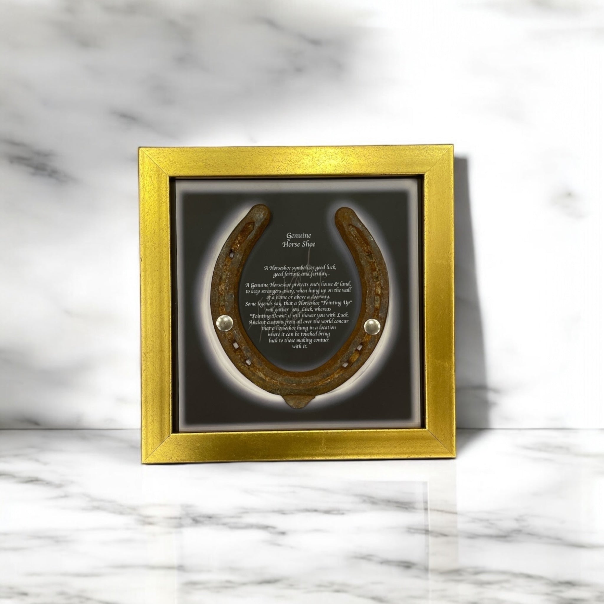 Good Luck Antique Horse shoe with Written Backdrop in Gold frame