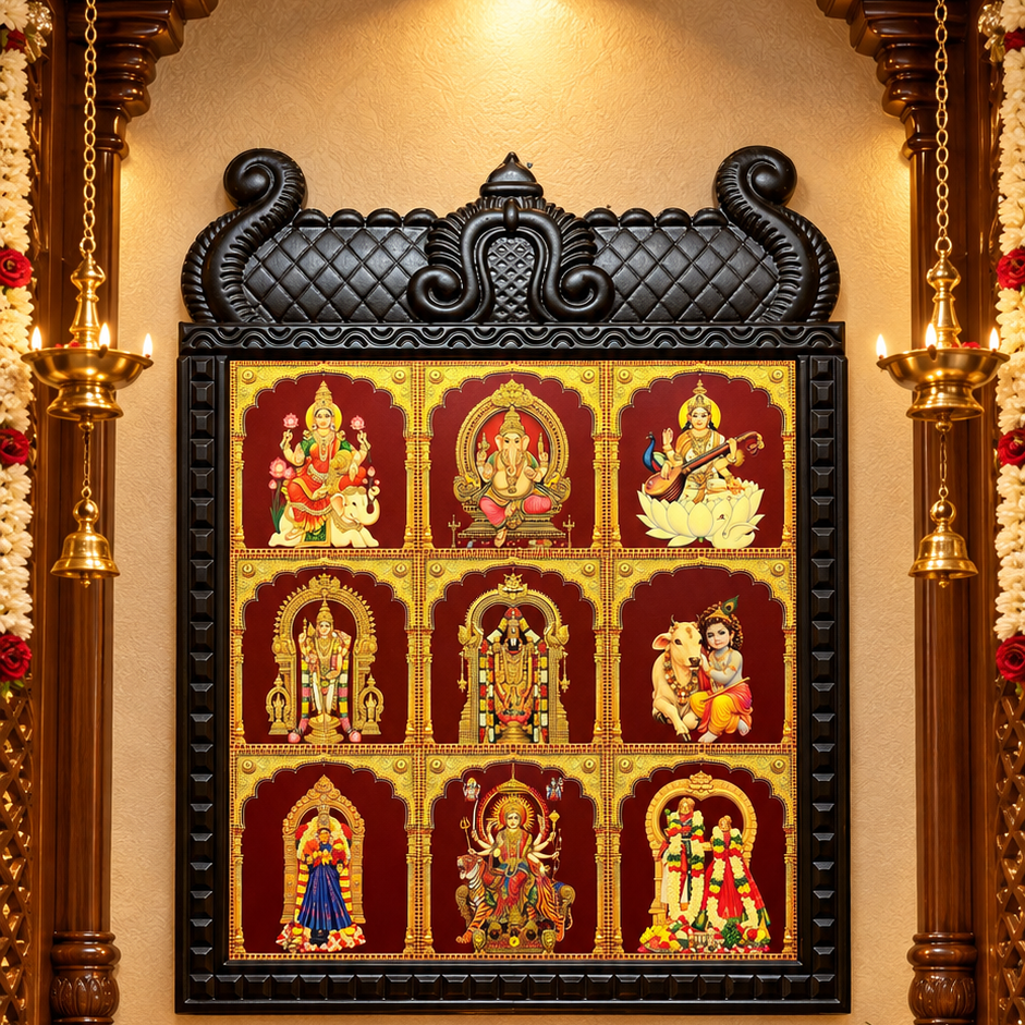 9 Gods in 1 Frame | Premium Gold Leaf Art with Temple Style Wooden Frame | Estudio