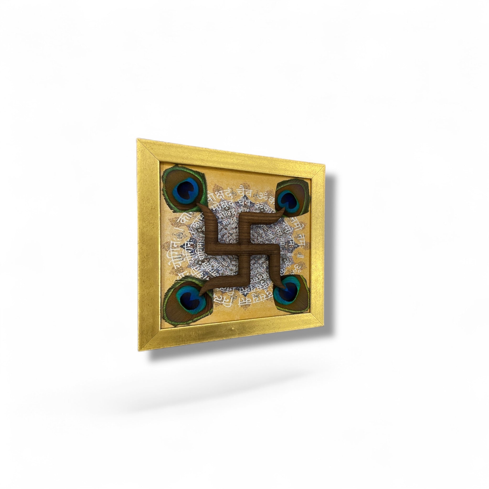 Wooden Swastik with Peacock Feathers on Omkara in Gold Frame
