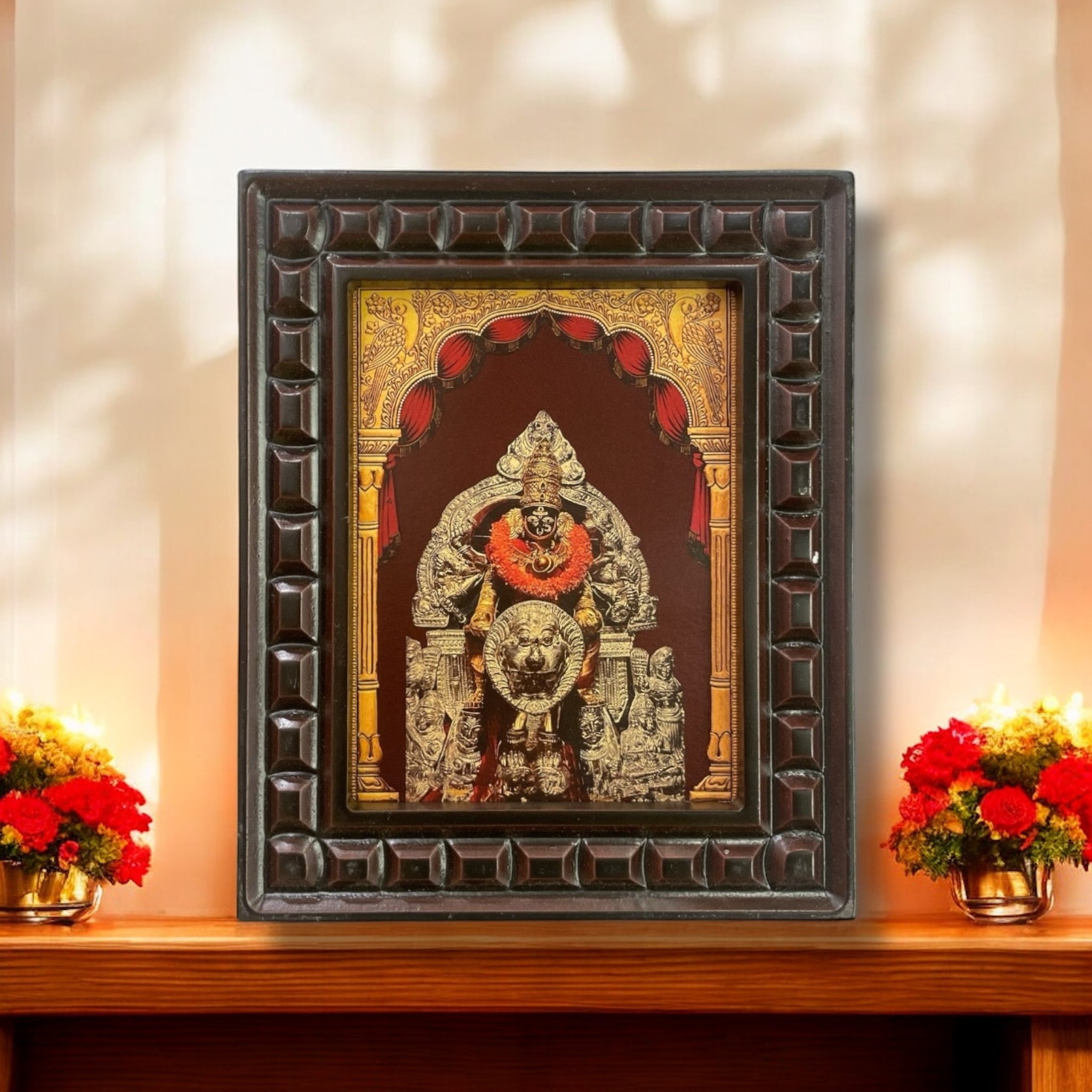 Sri Banashankari amma - 2 Gold Foiled Art Within Wooden Frame
