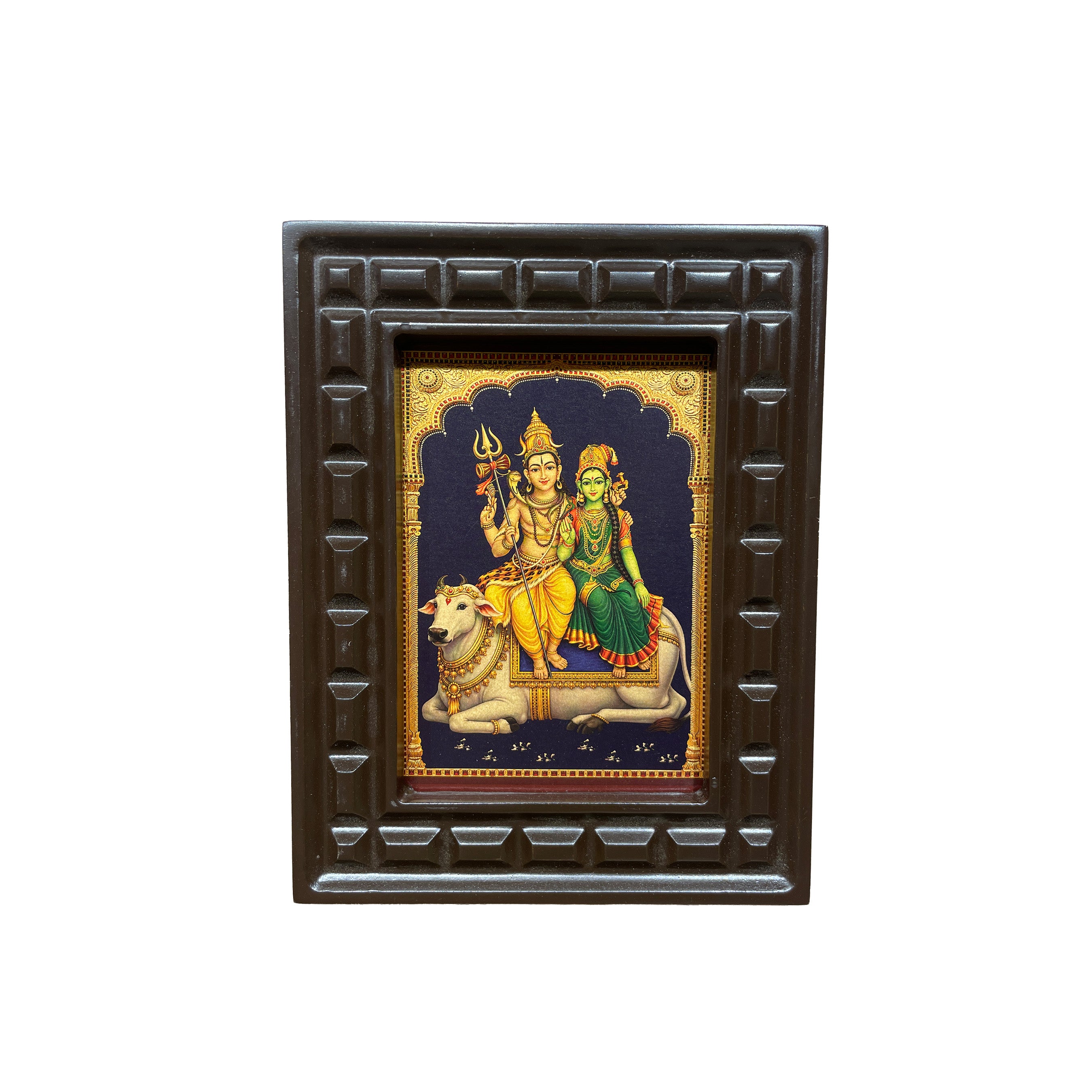Shiva Parvathi with Nandhi Gold Leaf Art | Engineered Wooden Frame