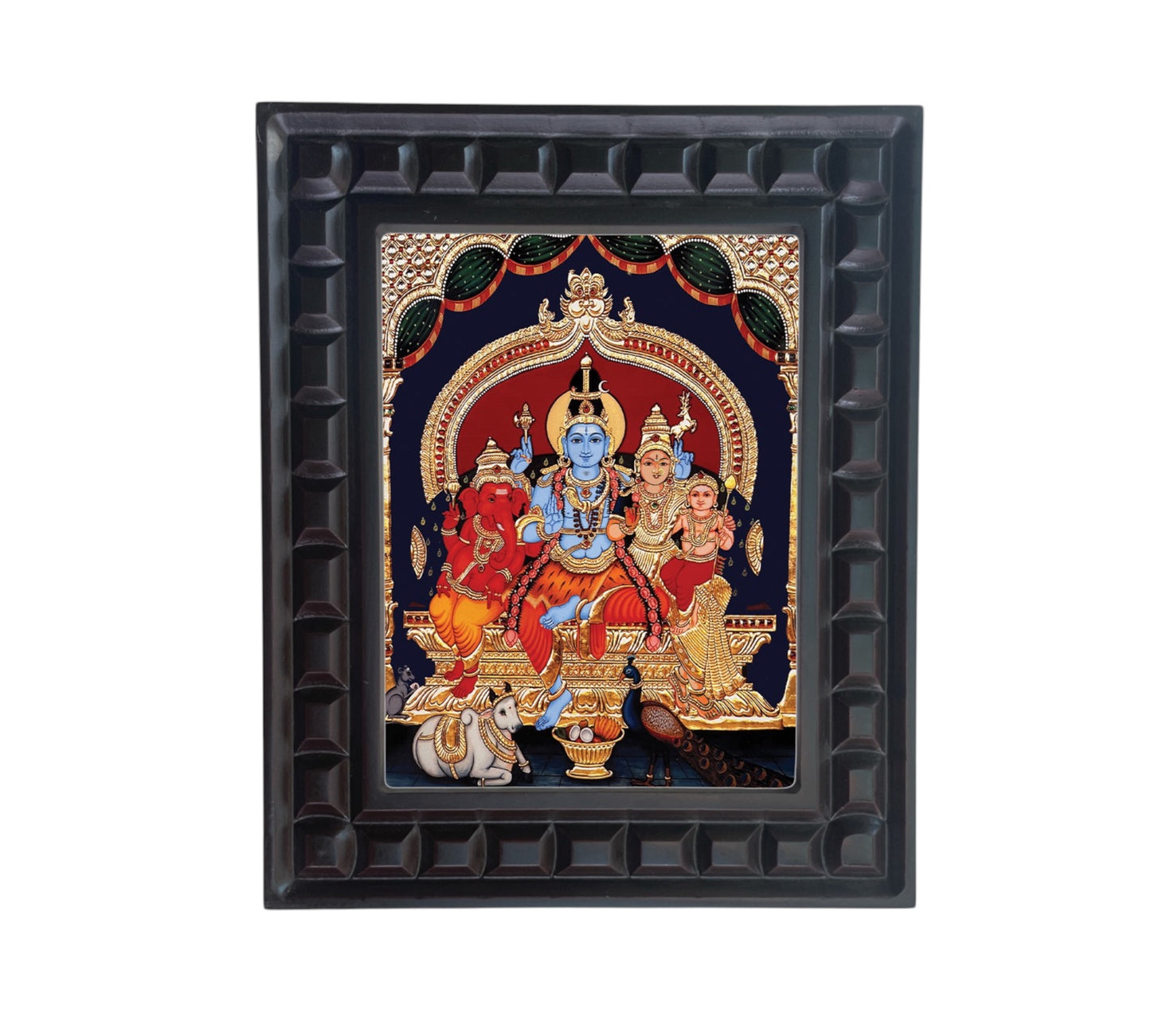 Shiva Parivar with blue Shiva Gold foiled art in wooden frame