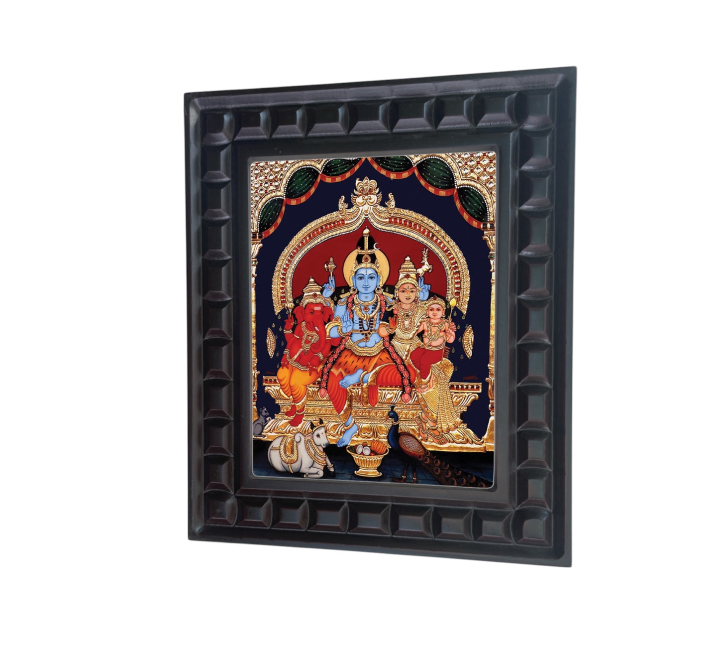 Shiva Parivar with blue Shiva Gold foiled art in wooden frame