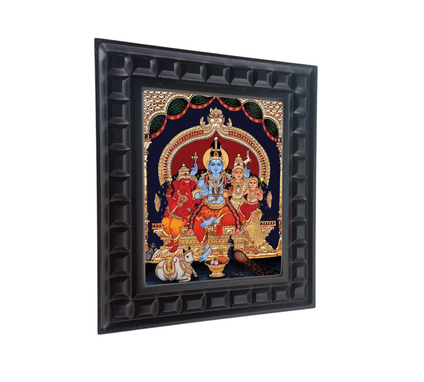 Shiva Parivar with blue Shiva Gold foiled art in wooden frame