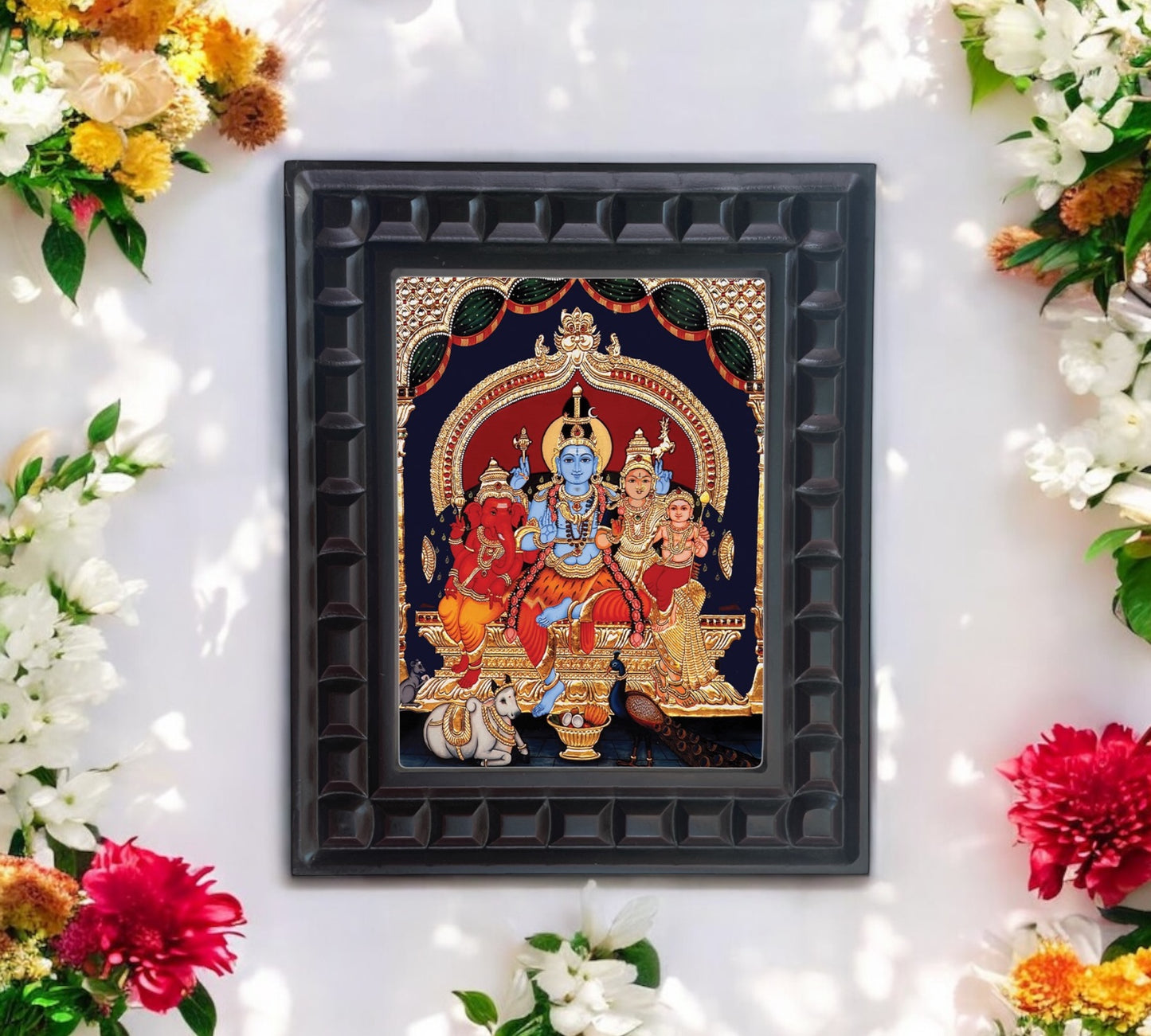 Shiva Parivar with blue Shiva Gold foiled art in wooden frame