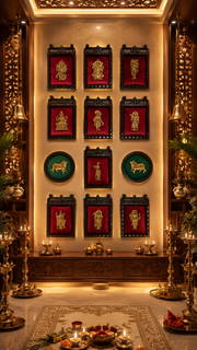Brass Dashavatara & Kamadhenu Wall Art | Wine Red Silk | Temple Frame