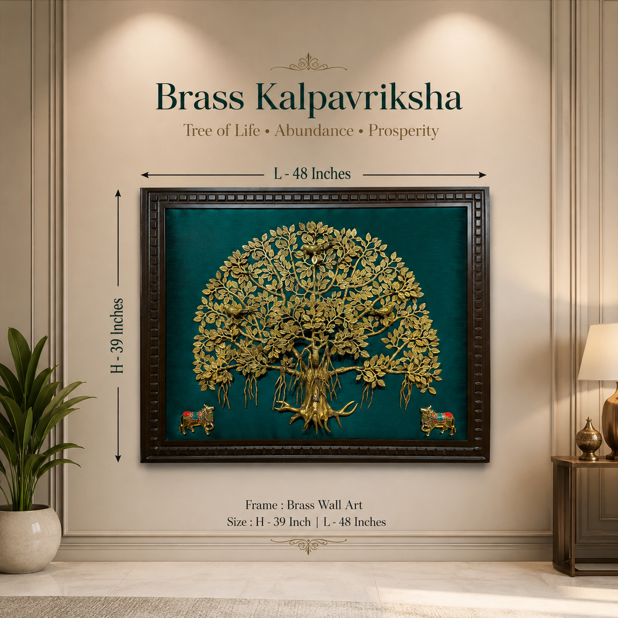 Brass Kalpavriksha with Kamadhenu | Luxury Wall Art with Engineered Wood Frame