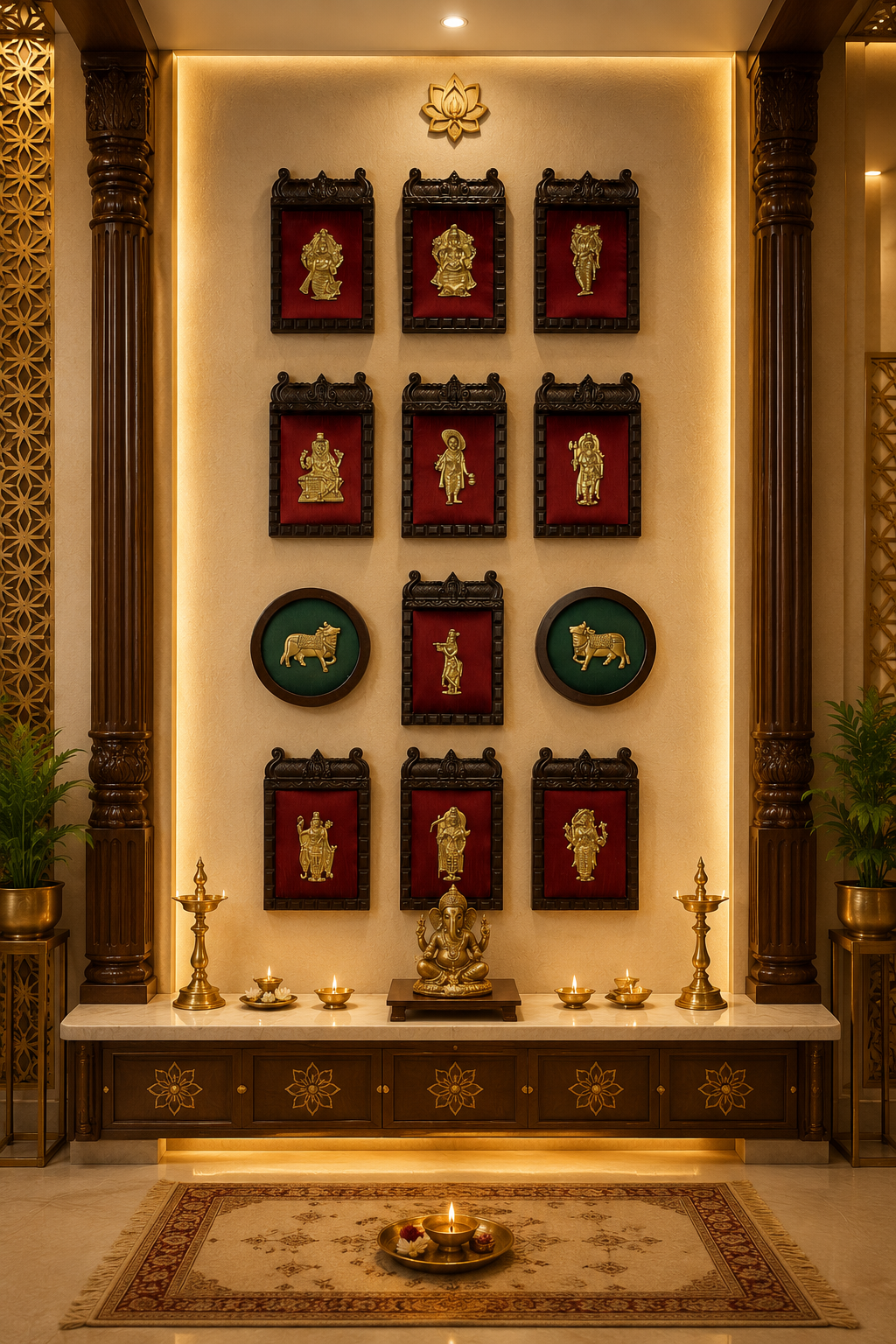 Brass Dashavatara & Kamadhenu Wall Art | Wine Red Silk | Temple Frame
