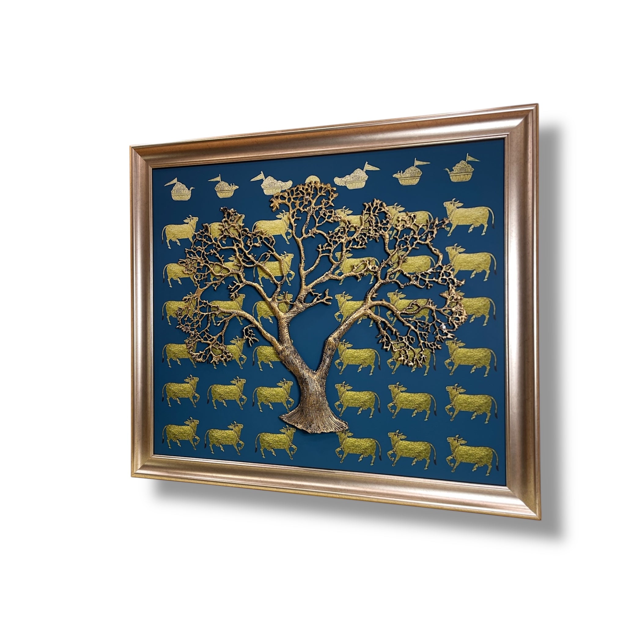 Metal Kalpavriksha on Kamadhenu & Blue Backdrop in Moulded Frame