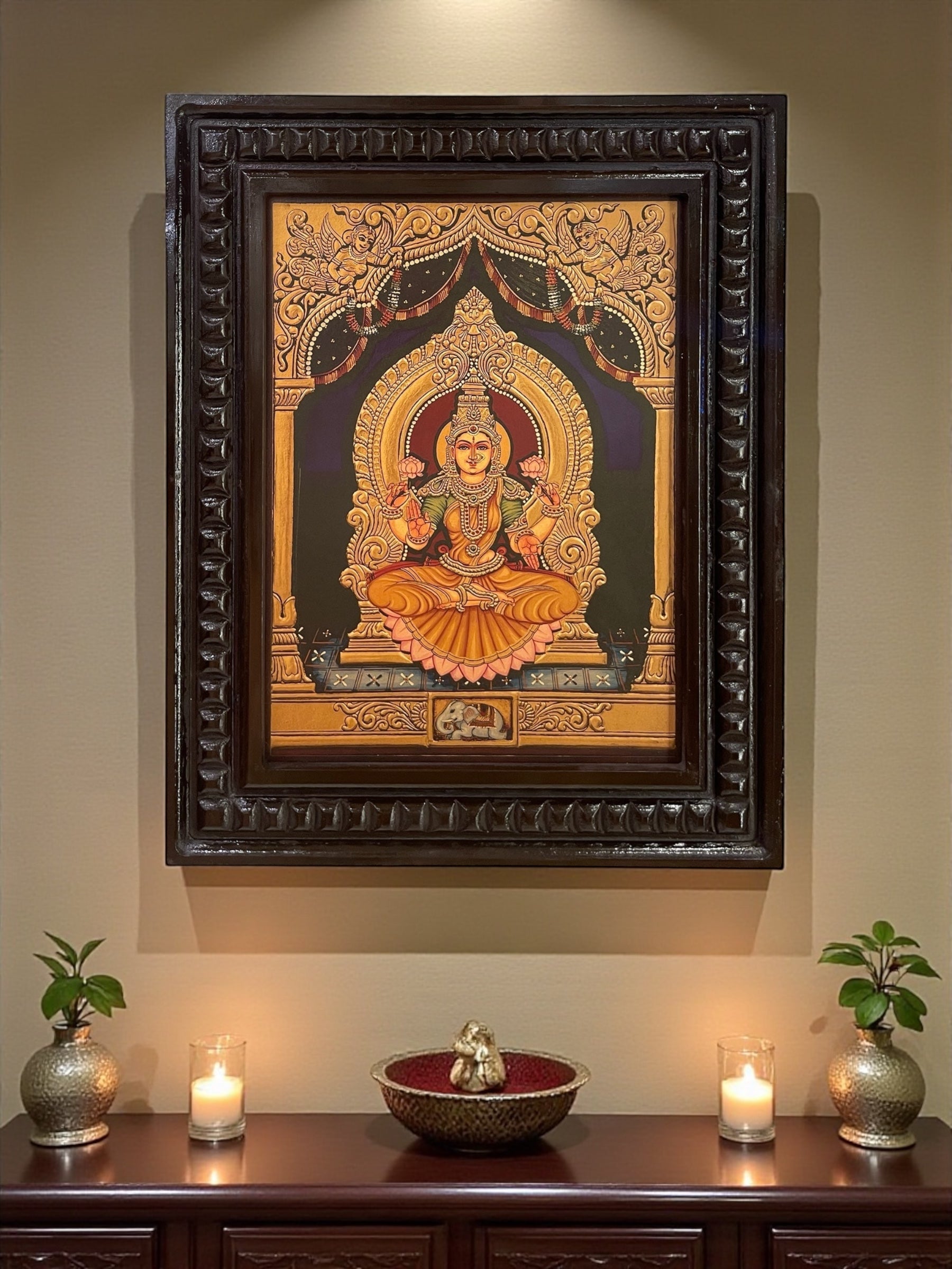 Shree Lakshmi Gold Leafed Art With Wooden Frame