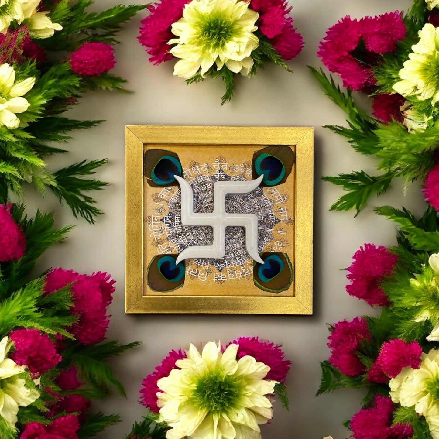 White Wooden Swastik with Peacock Feathers on Omkara in Gold Frame