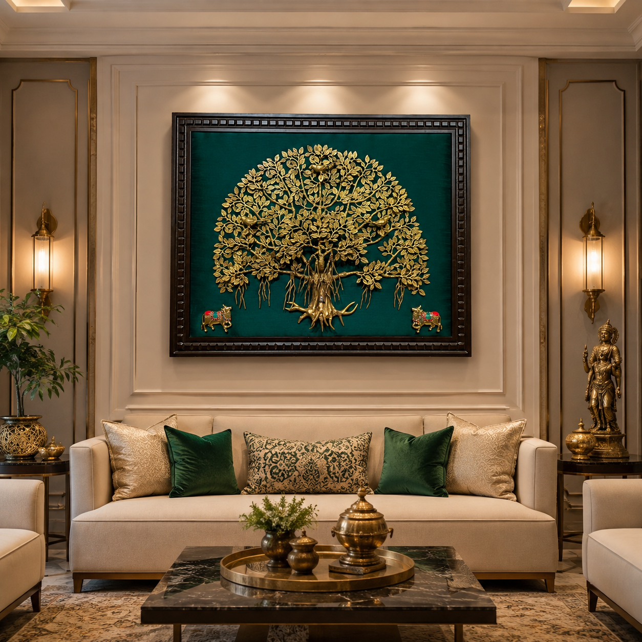 Brass Kalpavriksha with Kamadhenu | Luxury Wall Art with Engineered Wood Frame