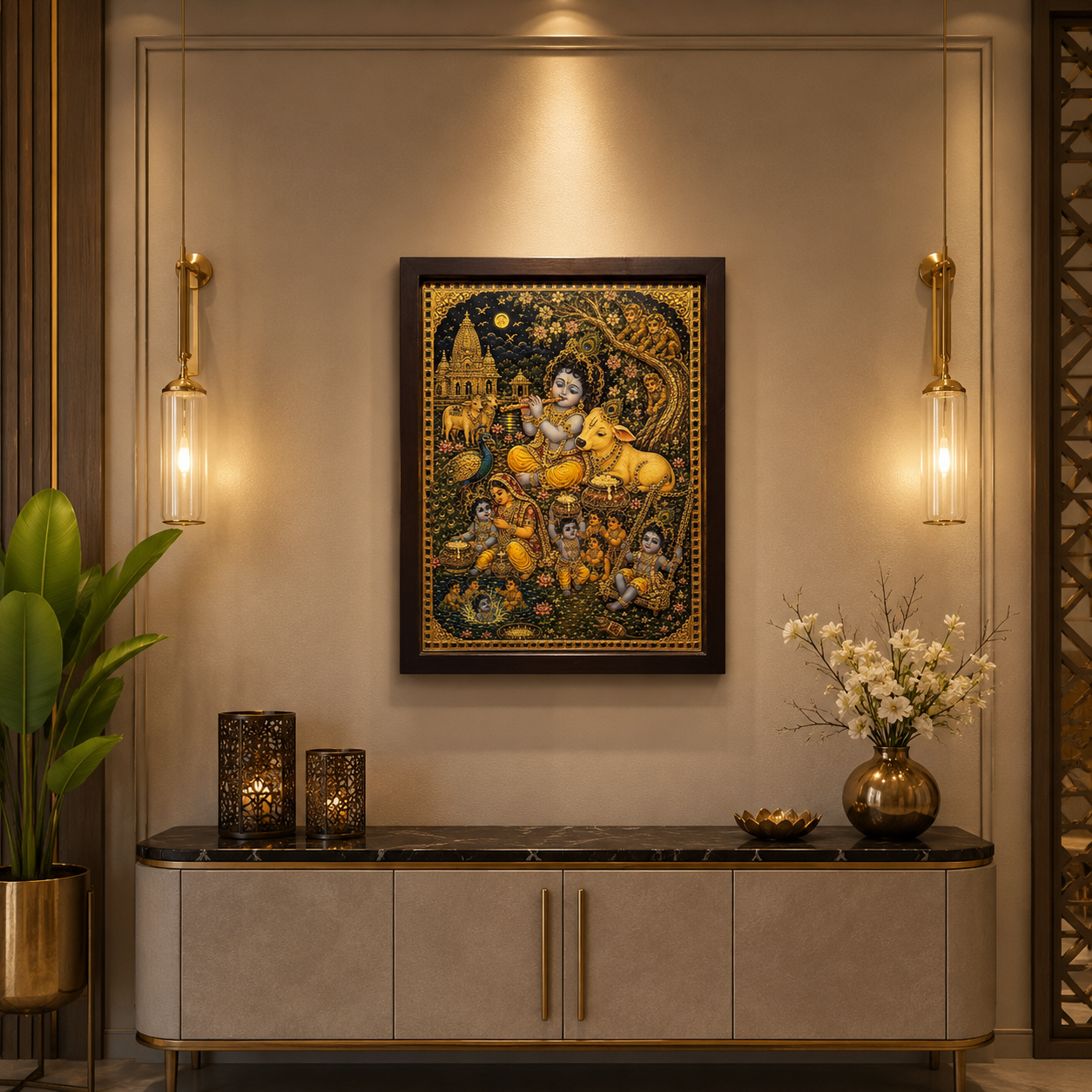 Baby Krishna with Cow – Gold Leaf Art Work | Engineered Wooden Thin Frame