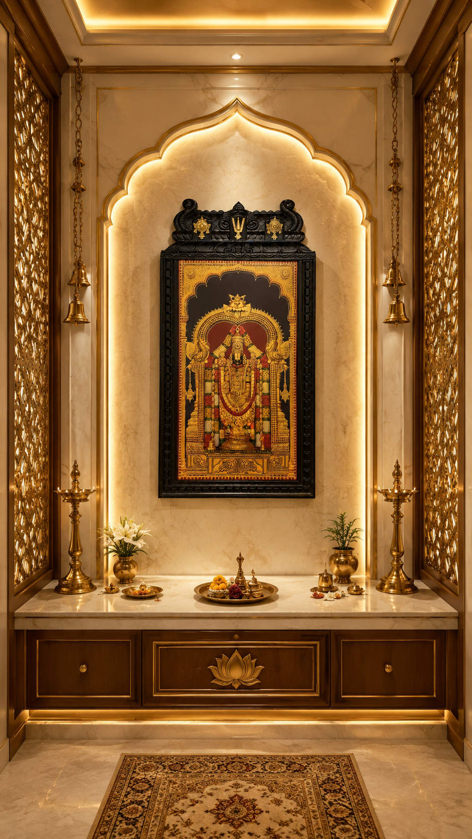 Tirupati Balaji Gold Leaf Art with Brass Shanku Chakra Namam Temple Frame | Premium Wooden Wall Decor for Home & Pooja Room