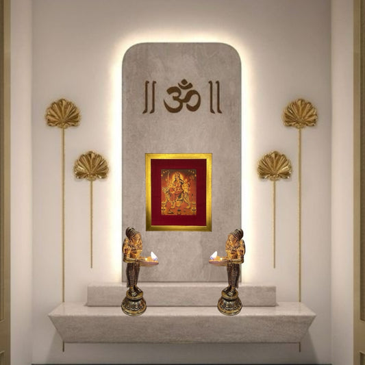 Durga Ma Pooja room photo on gold leaf with gold frame