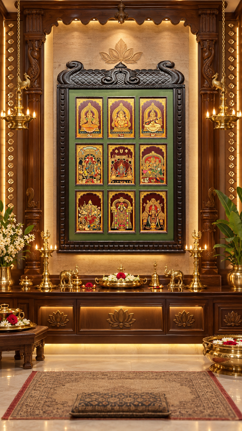 9 Gods in One Frame Gold Leaf Art | Premium Engineered Wooden Pooja Room Wall Frame