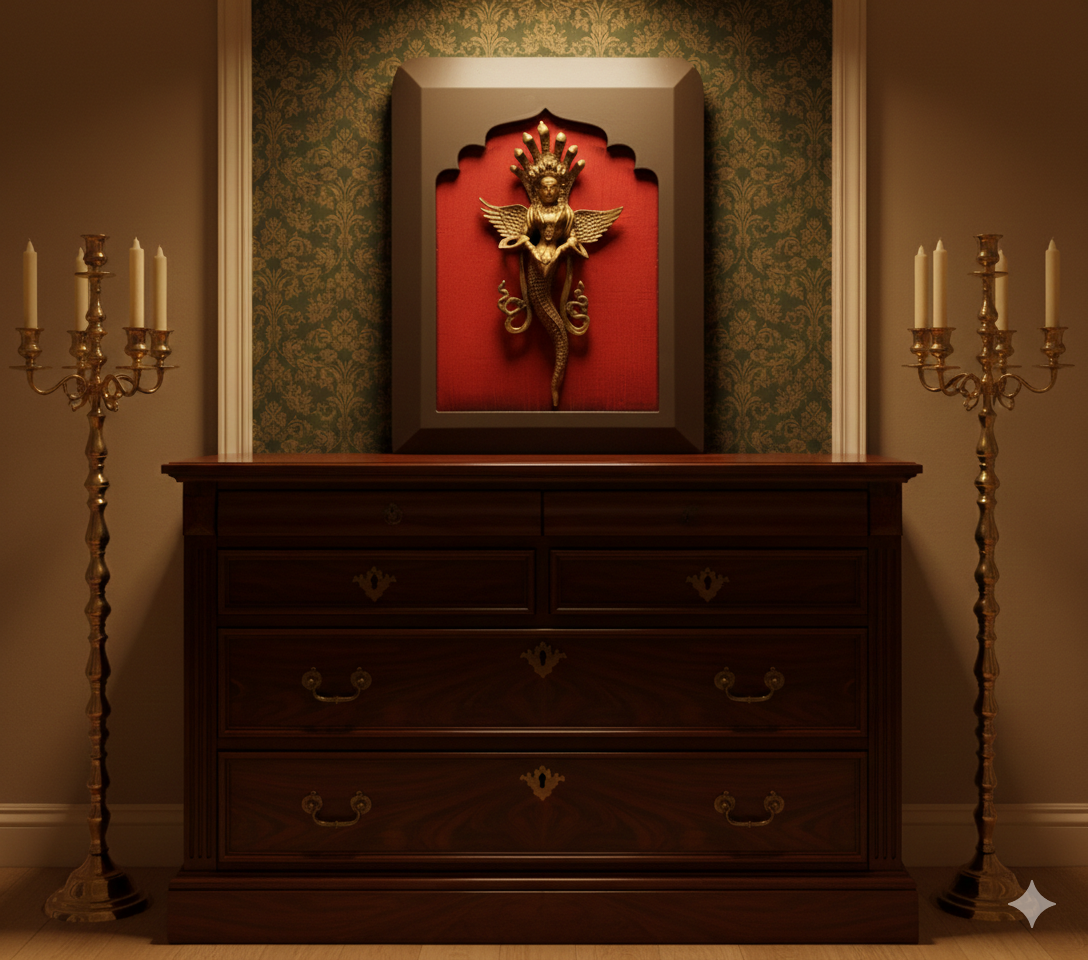 Brass Naga Kanya with Wine Red Silk in Wooden Frame