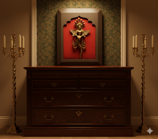 Brass Nagakanya with Red silk in Wooden frame