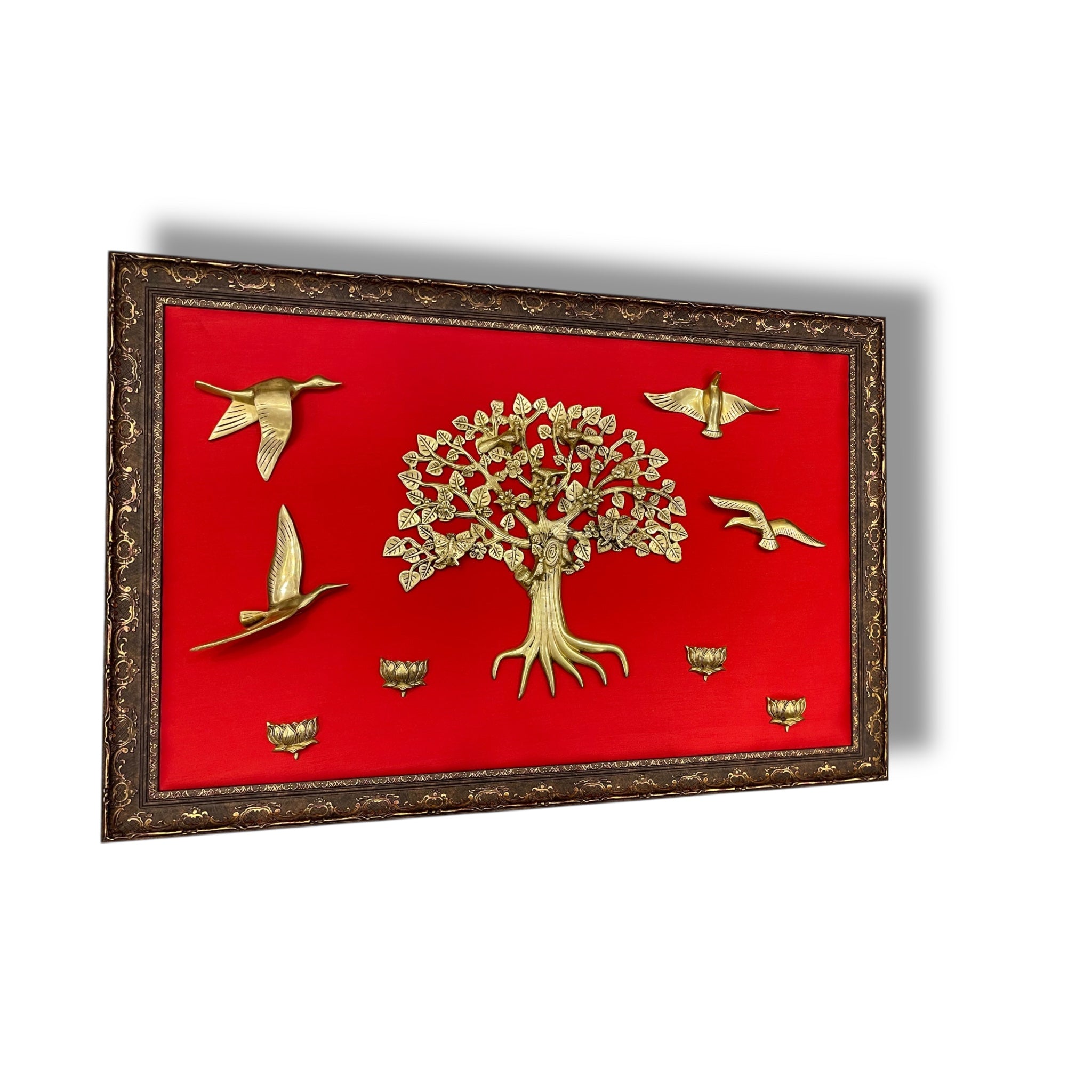Brass Kalpavriksha with Birds & Lotus on Red Silk in Moulded Frame