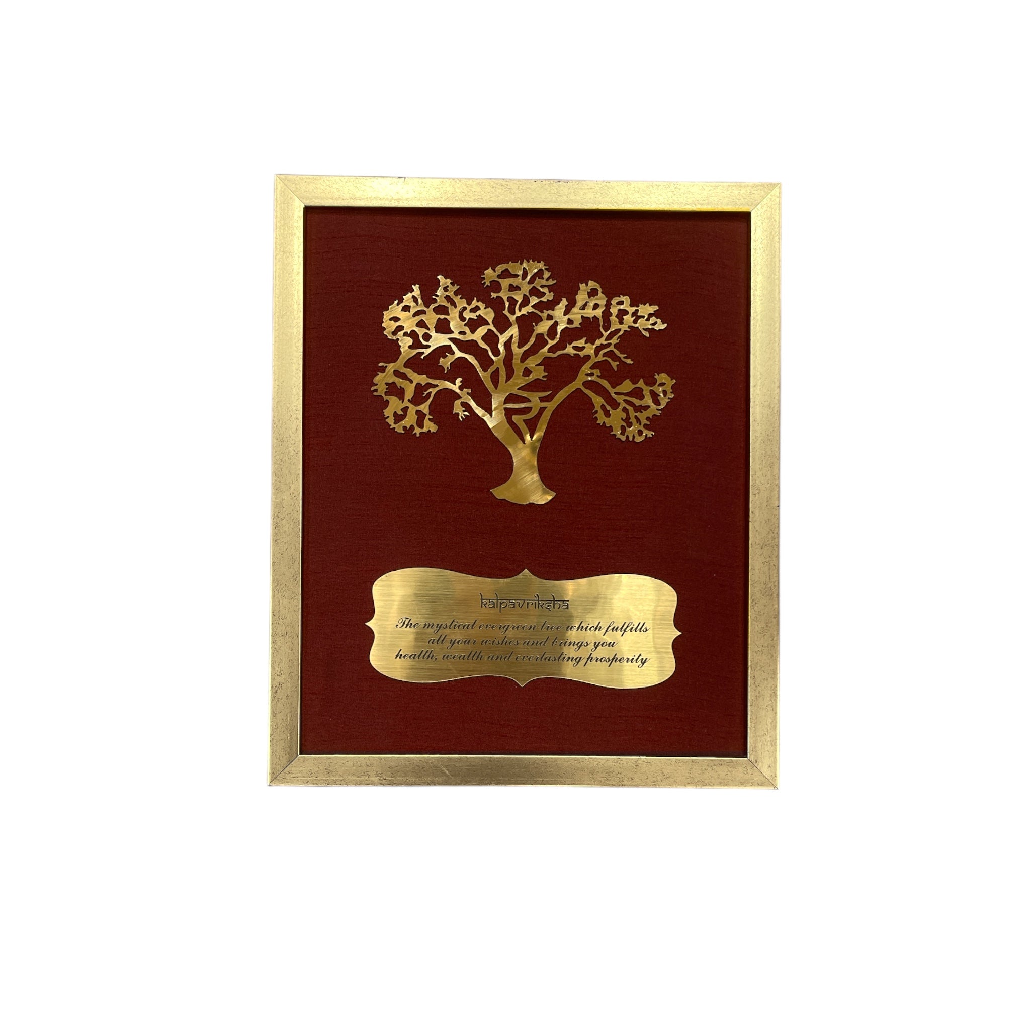 Wishfulfillng Kalpavriksha Tree Metal with Wine Red Silk Background