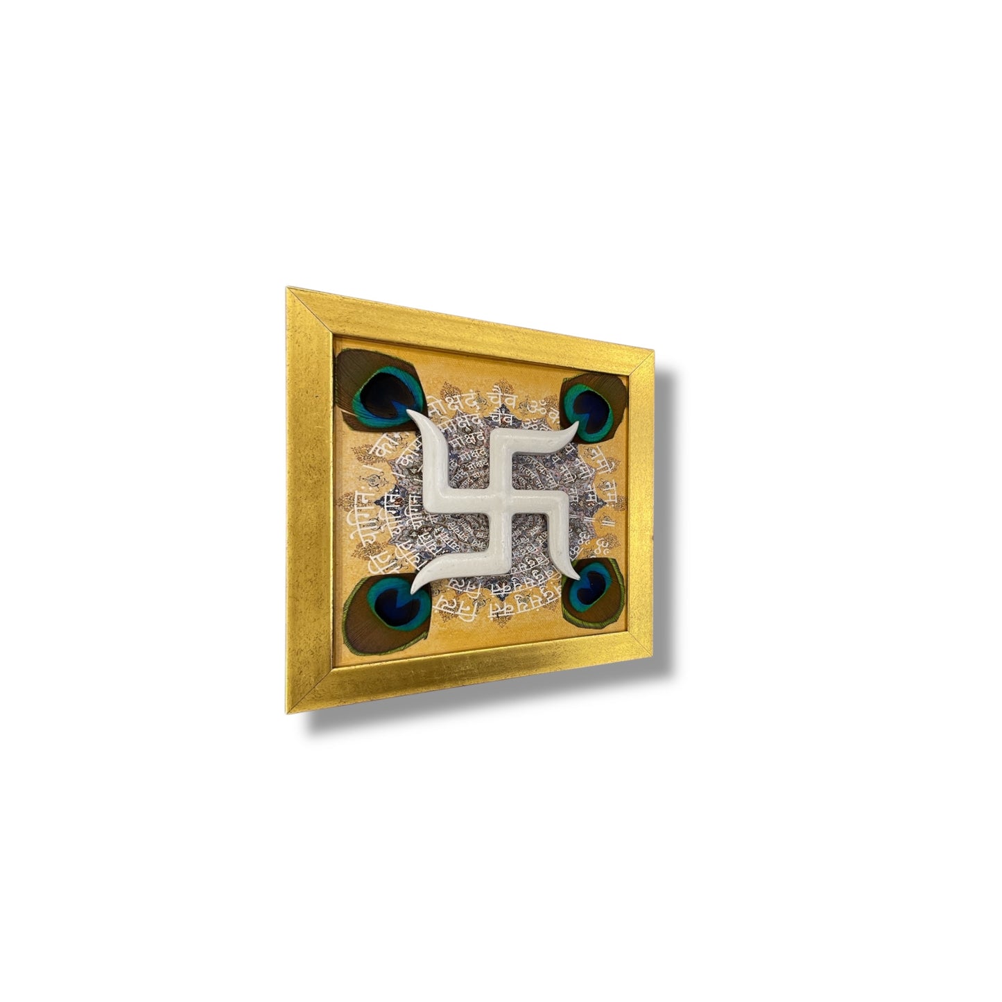 White Wooden Swastik with Peacock Feathers on Omkara in Gold Frame