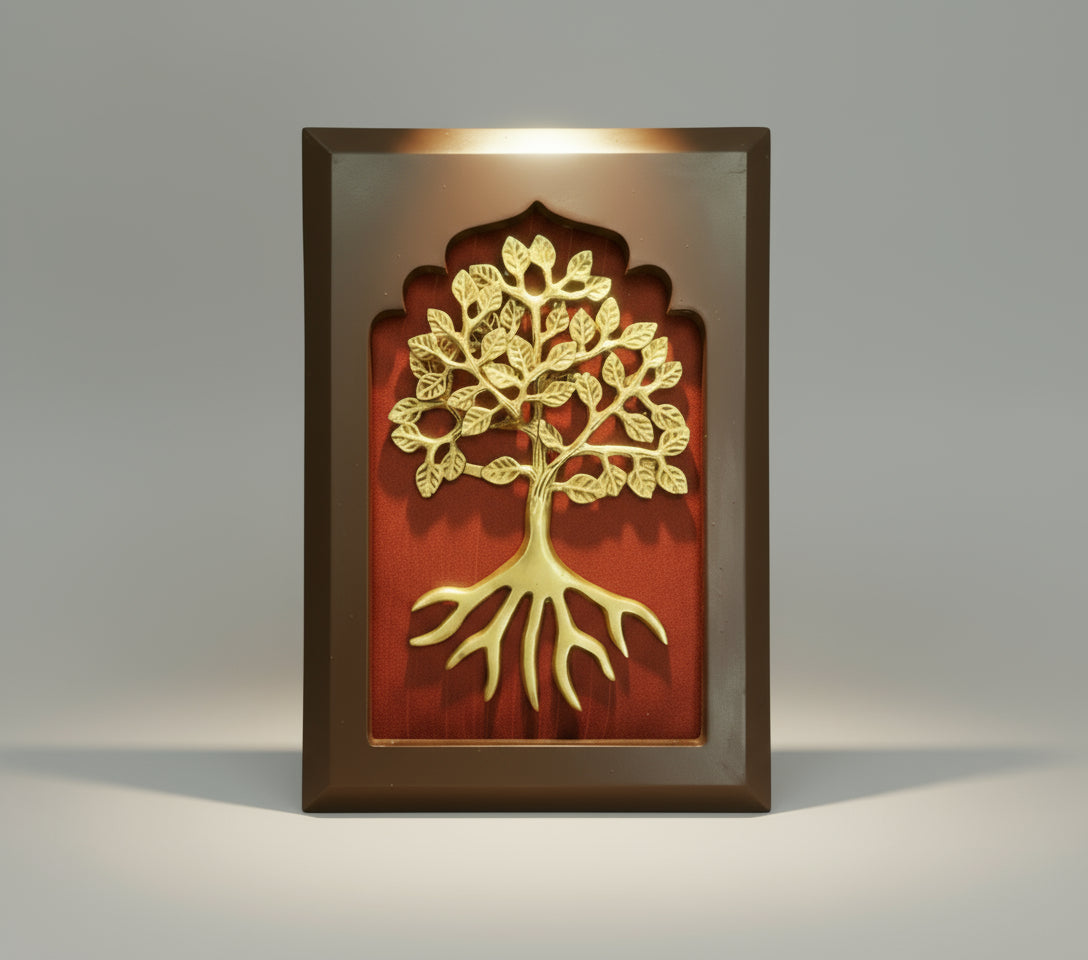 Brass Kalpavriksha with wine red in wooden frame